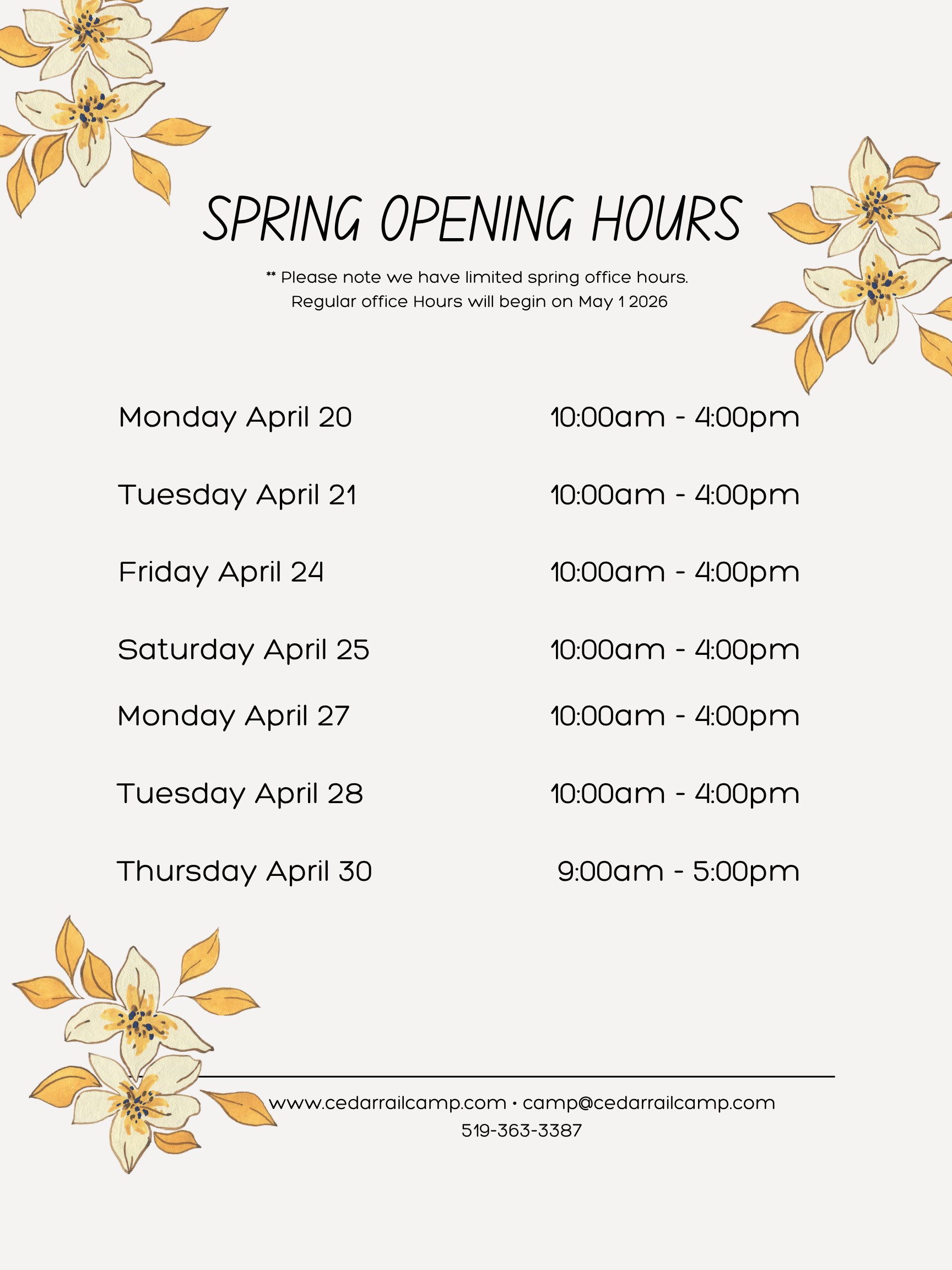 Spring Opening Hours Message Center